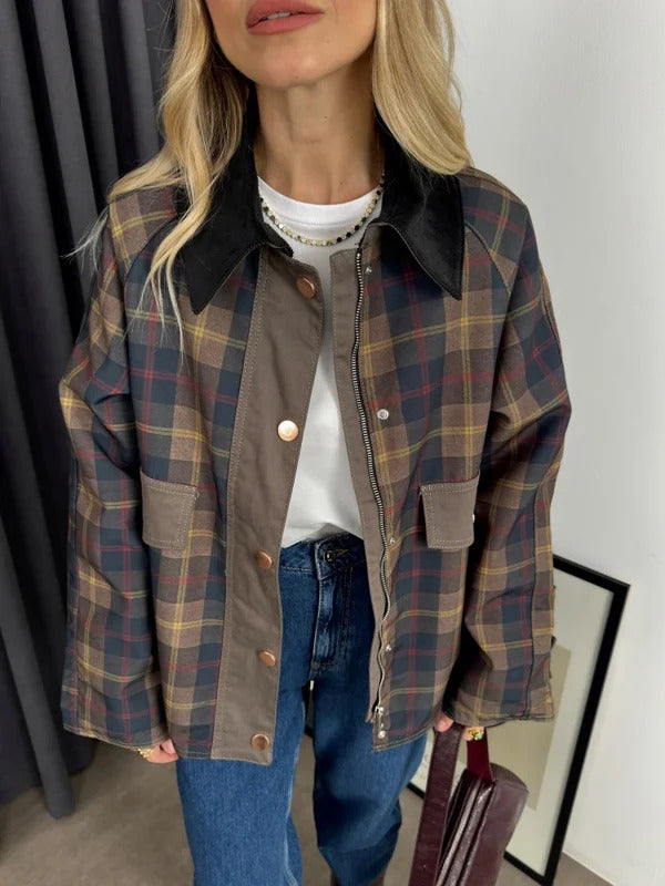 Vintage Plaid Patchwork Women Jacket Lapel Full Sleeves Covered Button Zippers Female Coat 2024 Autumn Fashion Street Outwear