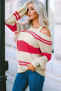 Pink Striped Cold Shoulder Knit Sweater