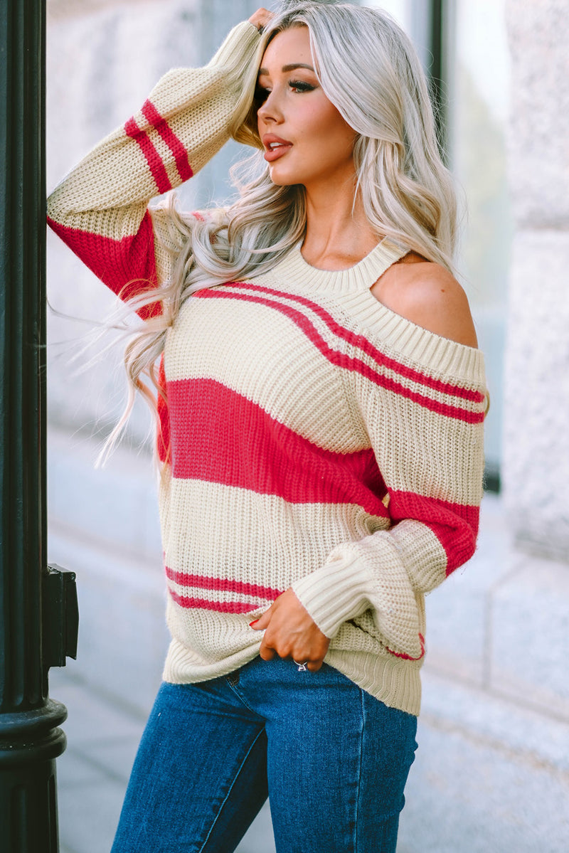 Pink Striped Cold Shoulder Knit Sweater