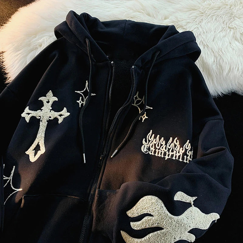 Europe and the United States Autumn and Winter Hoodie Embroidered Cross Fire Jacket Plus Cashmere Lovers Loose Sweater