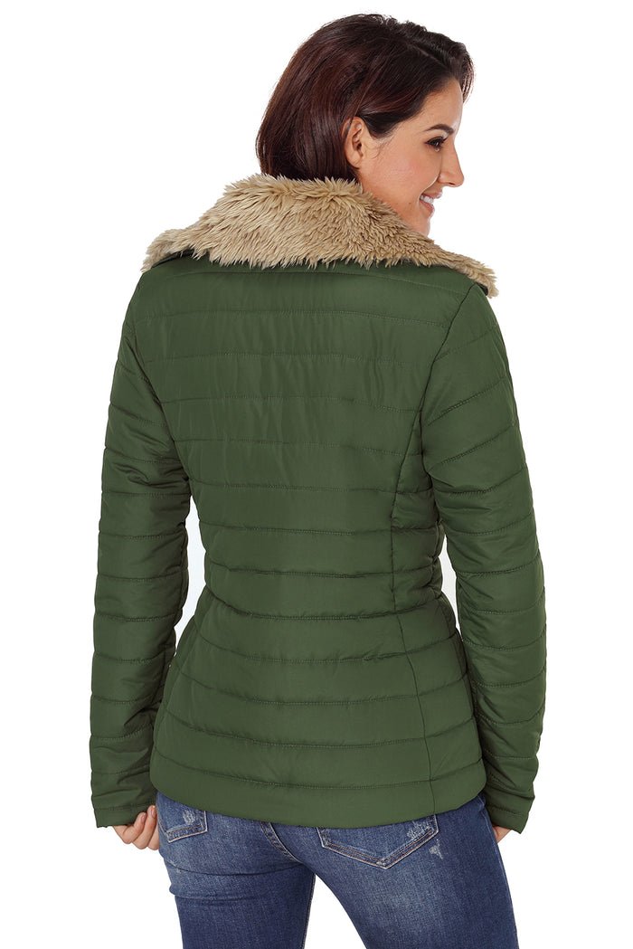 Army Green Faux Fur Collar Trim Black Quilted Jacket