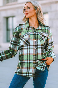 Blue Geometric Plaid Print Pocketed Shacket