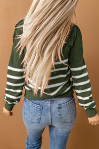 Green Striped Turtleneck Long Sleeve Sweater with Buttons