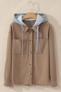 Pale Khaki Hooded Drawstring Pockets Corduroy Shacket