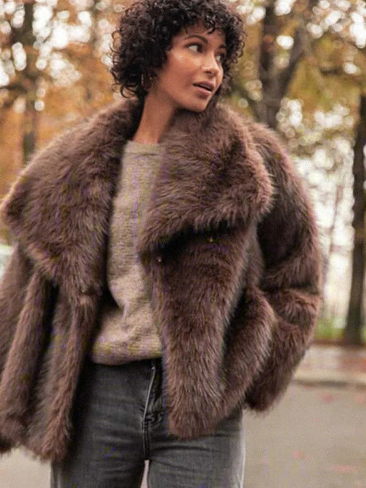 Luxury Fluffy Women Faux Fur Overcoat Fashion Lapel Long Sleeve Pockets Cardigan Jacket Winter Female Chic Thick Streetwear 2024