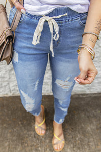 Sky Blue Drawstring Elastic Waist Hole Ripped Jeans