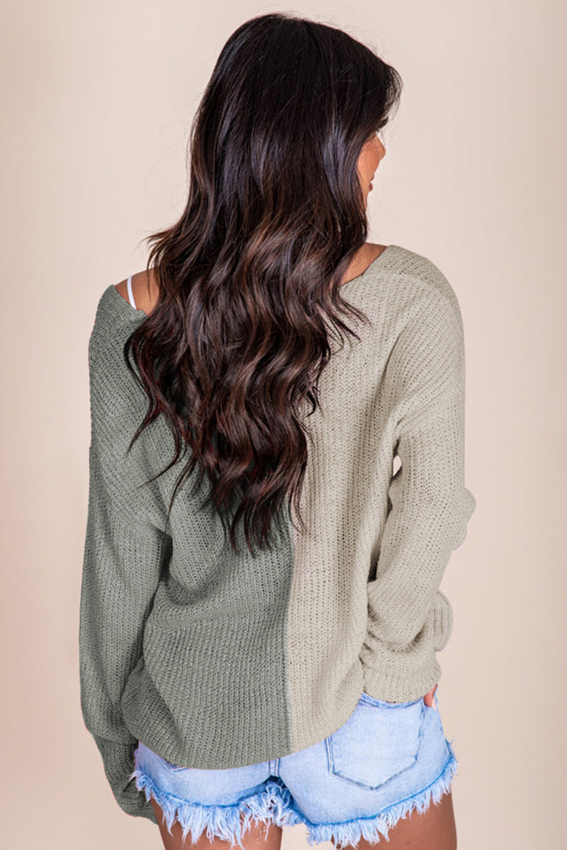 Gray Long Sleeve V-Neck Colorblock Sweater