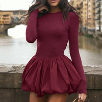 Trendix Burgundy Elegant Dress Women's Autumn Casual Long Sleeve Patchwork Ruffle Mini Dresses Sexy Backless Bodycon Party Dress