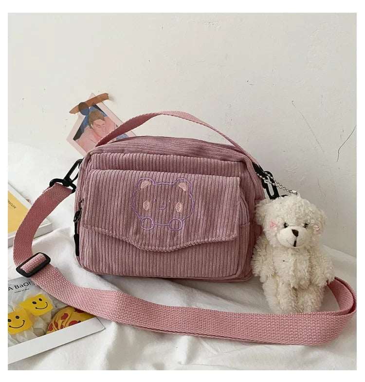 Personalized Teddy Bear Embroidered Diagonal Shoulder Bag, Corduroy Leisure Bag, WOMEN'S Crossbody Bag