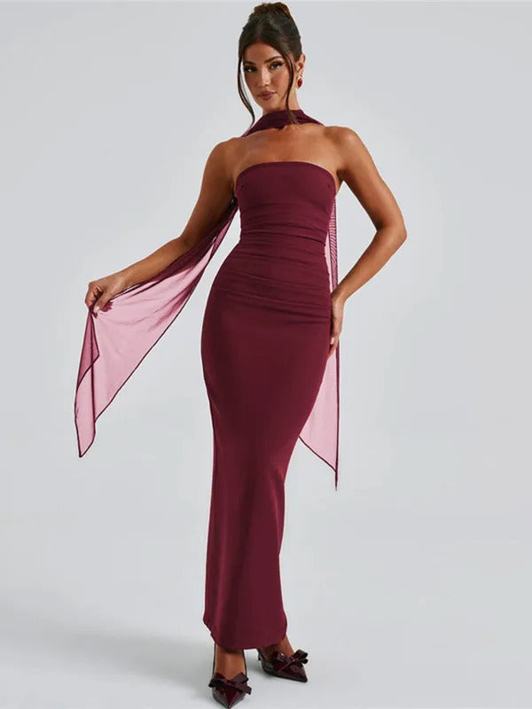 Mozision Strapless Backless Sexy Maxi Dress For Women Burgundy Mesh Sleeve Off-shoulder Bodycon Club Party Evening Long Dress