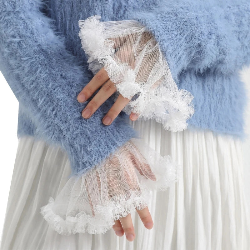 Female Sweater Fake Sleeves Hollow Out Crochet Floral Lace Horn Cuffs Embroidery Flounces Ruffles Elastic Wrist Warmers