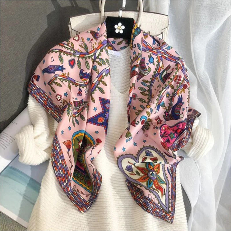 90*90Cm Square Scarf Twill Silk Feeling Women Head Shawls and Wraps Luxury Hair Tree Print Neck Scarves Hijab Bandana Pashmina