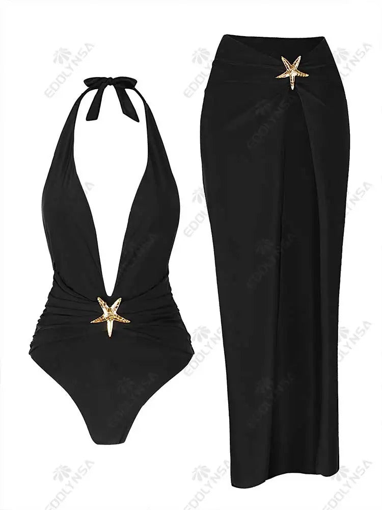 2 Piece Swimsuits for Elegant Women Starfish One Piece Bathing Suits with High Split Skirt Cover ups Sexy Halter Bikini Sets K59