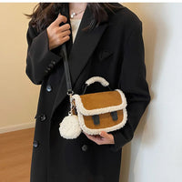 2023 Winter New Women's Plush Small Square Bag Color Contrast Design Single Shoulder Crossbody Bag Brown Handbag