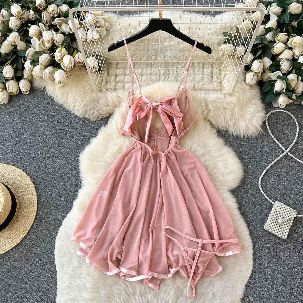 Strap Bow Hot Women Nightwear Mesh Sexy Night Dress Thin Tansparent Lace Pajamas Dress+Thong 2024 Lady Romantic Backless Nightie