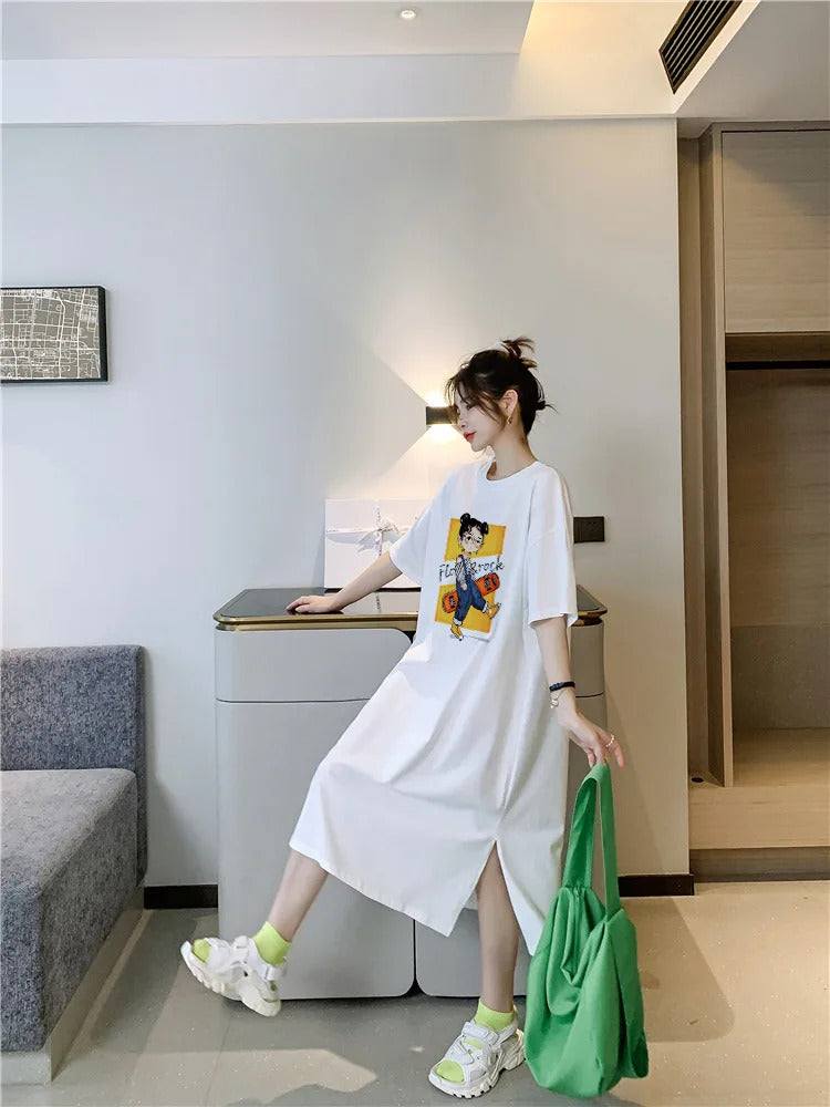 Harajuku Graphic White Long Dress Woman Clothing Y2k Casual Short Sleeve O-Neck Korean Fashion Summer Womens Loose Dresses 2024