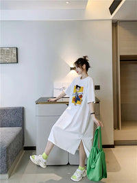 Harajuku Graphic White Long Dress Woman Clothing Y2k Casual Short Sleeve O-Neck Korean Fashion Summer Womens Loose Dresses 2024