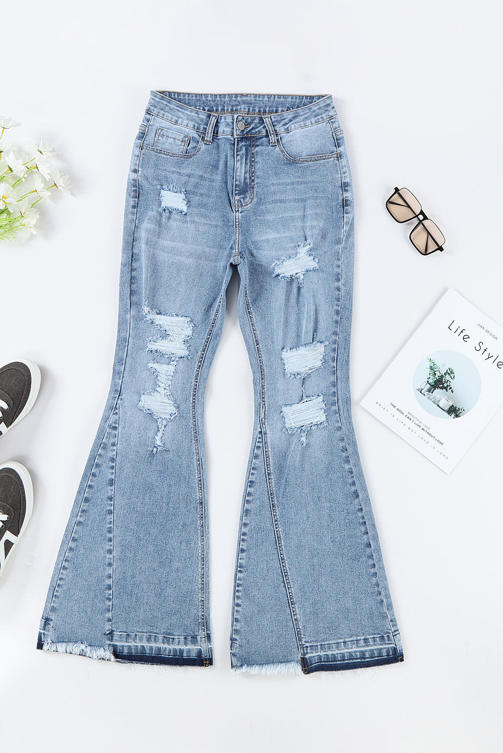 Sky Blue Light Wash Distressed High Rise Flare Jeans