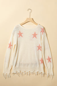 Beige Starry Long Sleeve Raw Hem Sweater