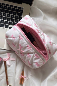 Pink Bow Knot Quilted Zipper Makeup Bag