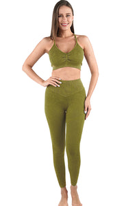 Guacamole Green Seamless Ribbed Spaghetti Straps Bra Leggings Sports Set