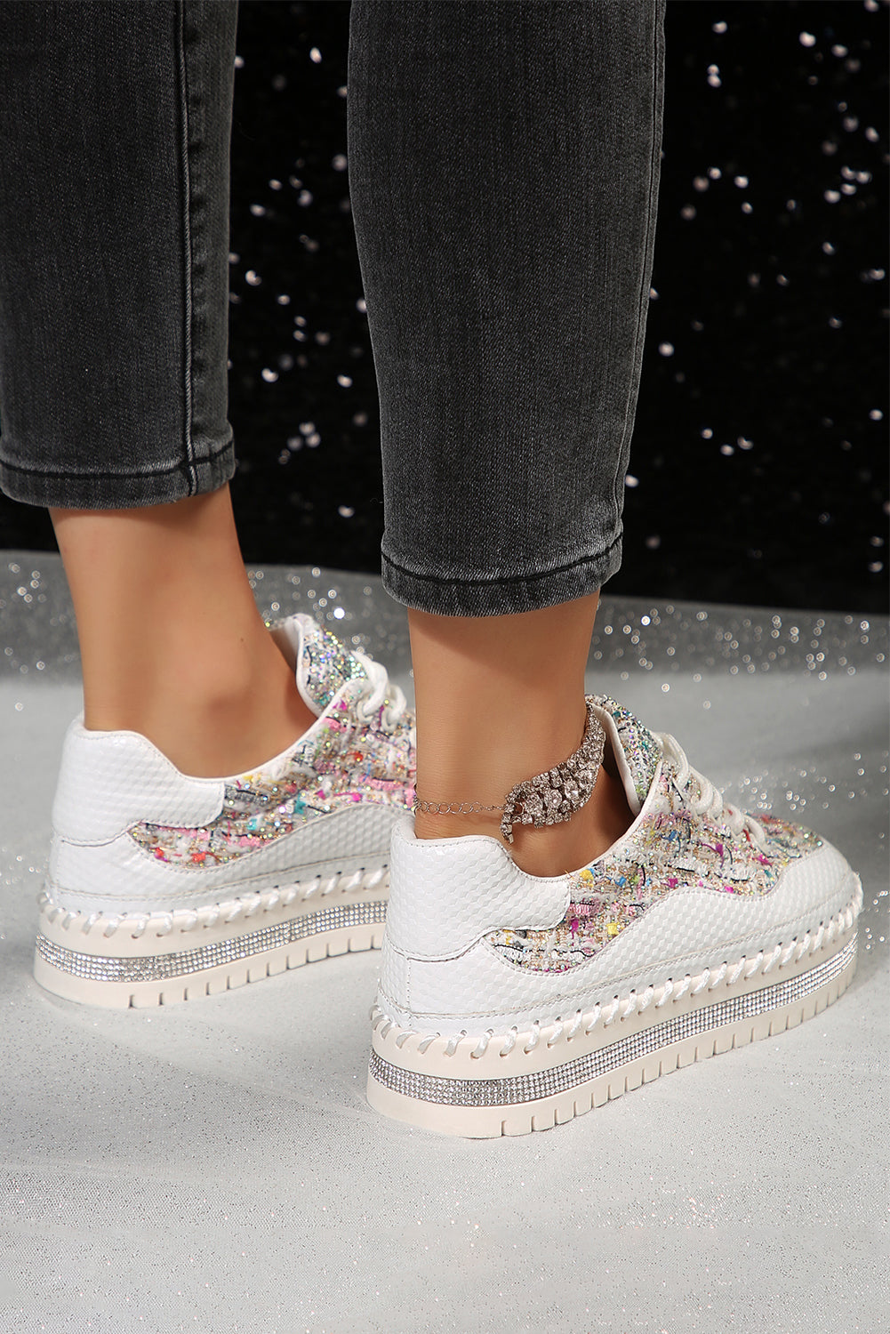 White Shiny Sequin Slip On Thick Sole Flat Shoes