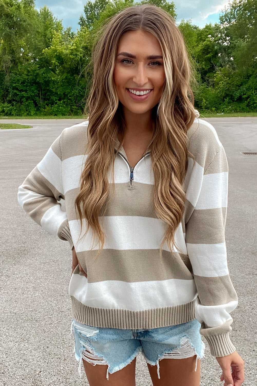 Stripe Zipped Collar Ribbed Edge Sweater