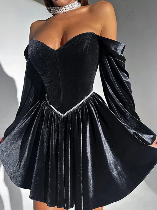 Elegant Velvet Strapless Mini Dresses Women Solid Off Shoulder Long Sleeved Dress Female 2025 Autumn Chic Evening Party Robes