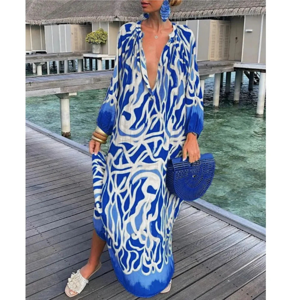 Elegant Women's Dresses 2023 Summer Casual Fashion Print V-Neck Loose Retro Comfortable Maxi Dress Female Robe S-XXXL