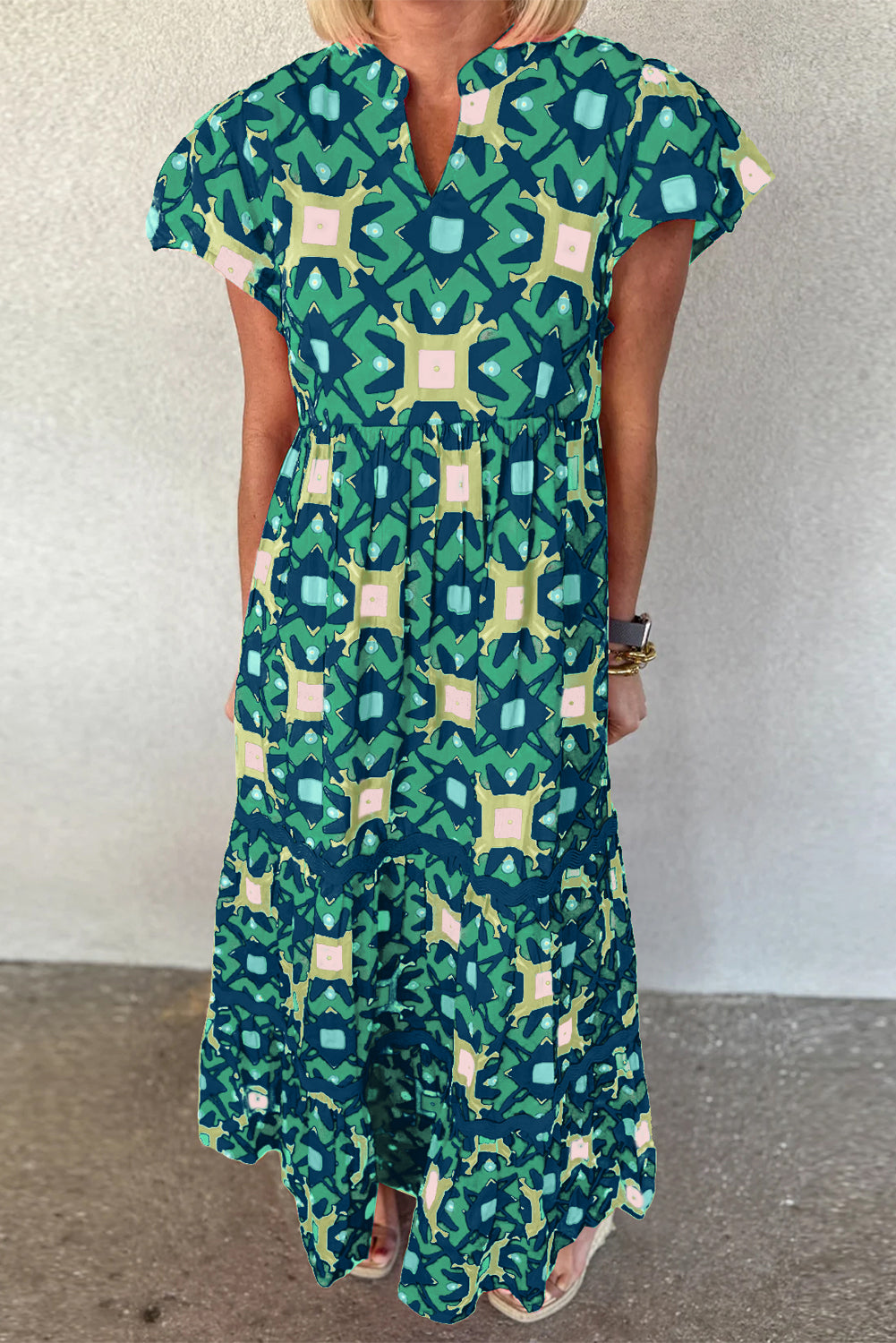 Sea Green Geo Print V-neck Maxi Dress