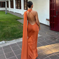 Elegant Satin Halter Party Dress Women Casual Slim Backless Sleeveless High Waist Female Robes 2024 Autumn Lady Evening Dresses