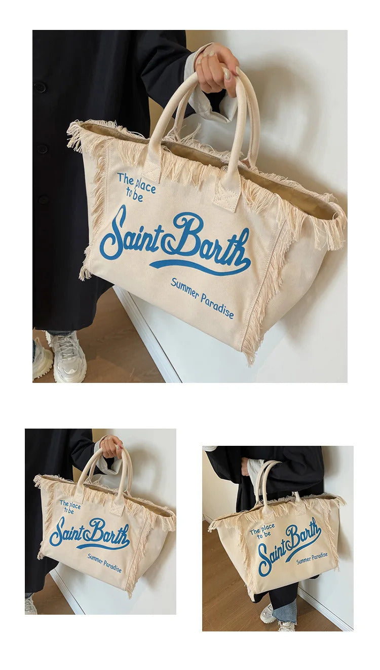 Korean Letters Tassel Canvas Bag Large Capacity Bag  Simple Commuter Student To Single Shoulder Tote Bag Handbags for Women 2024