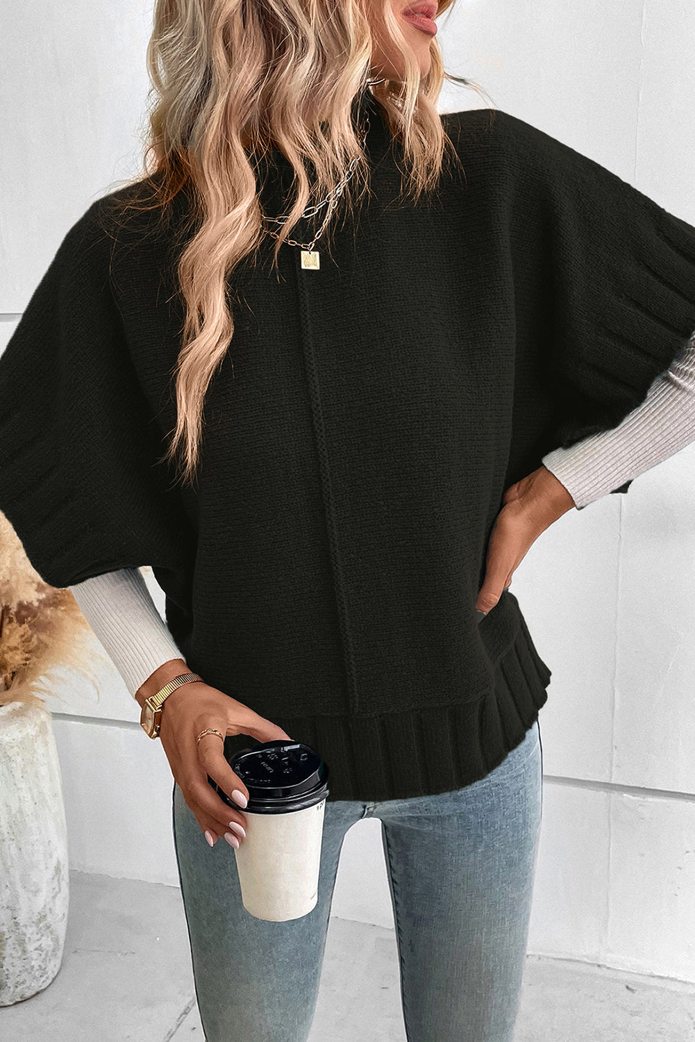 Black Mock Neck Batwing Short Sleeve Knit Sweater