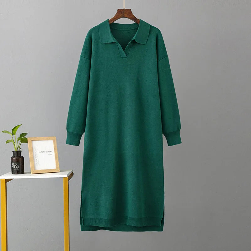 HLBCBG New Straight Autumn Winter Long Sweater Dress Women Split Side Long POLO Neck Maix Sweater Dress Female Basic Loose Dress