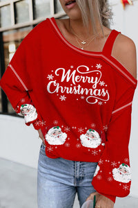 Fiery Red Christmas Santa Claus Print Asymmetric Cold Shoulder Blouse