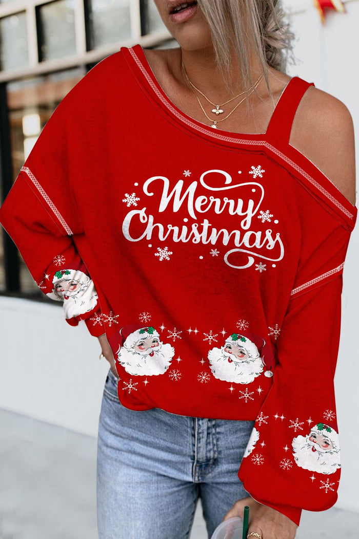 Fiery Red Christmas Santa Claus Print Asymmetric Cold Shoulder Blouse