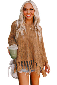 Camel Tasseled Hem Knit Baggy Sweater