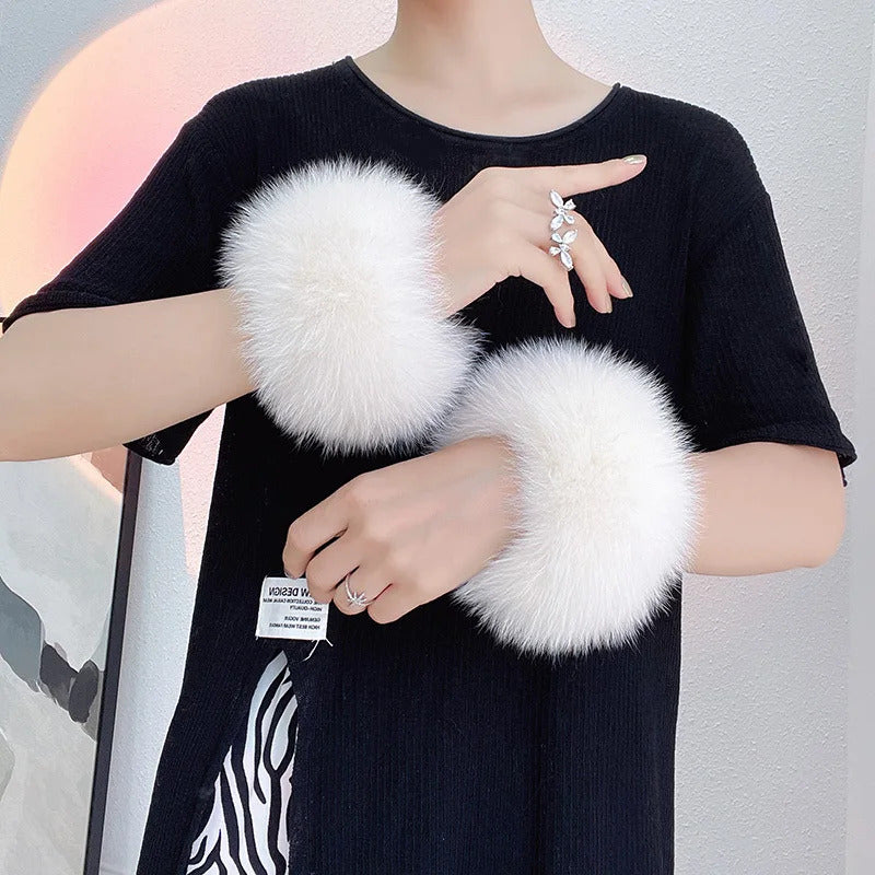 Natural Fox Fur Cuffs Wrist Arm Warmer Women Jacket Coat Sleeve Fur Triming Ladies Bracelet Real Fur Wristand Glove Snap Ring