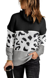 Black Turtleneck Splicing Chunky Knit Pullover Sweater