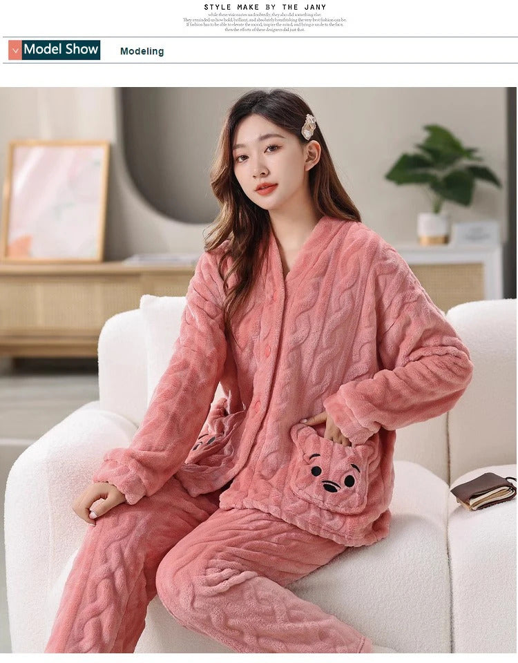 Thickened Warm Coral Velvet Pajamas Women's Autumn and Winter Padded Cartoon Bear Striped Flannel School Pajamas Winter Homewear