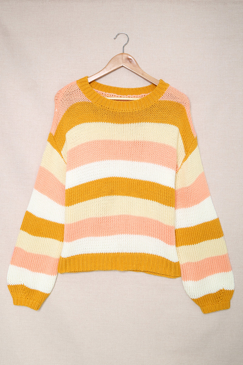 Yellow Striped Puff Sleeve Knitted Pullover Sweater