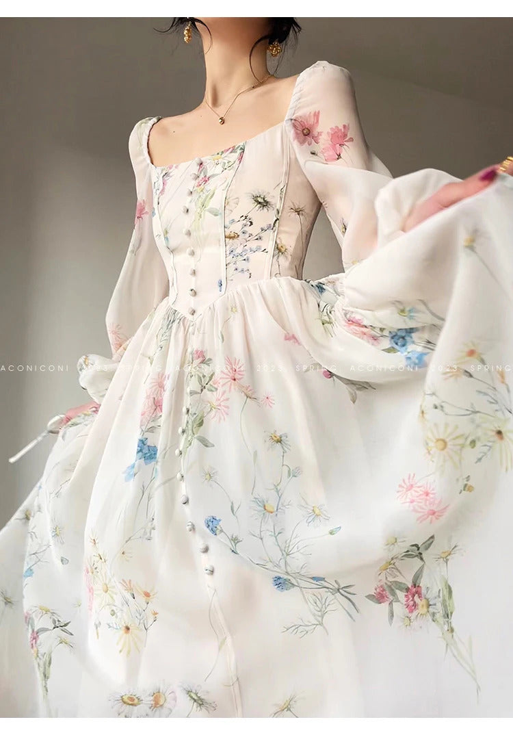 French Vinatge Evening Party Long Dresses for Women Floral A-line Princess Dress Lantern Sleeve Spring Summer Prom Robe Vestidos