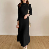 Autumn Winter 2023 Slim Long Sleeve Party Midi Dress for Women Knitted Half High Collar Elegant Knitted Sweater Dresses Ladies