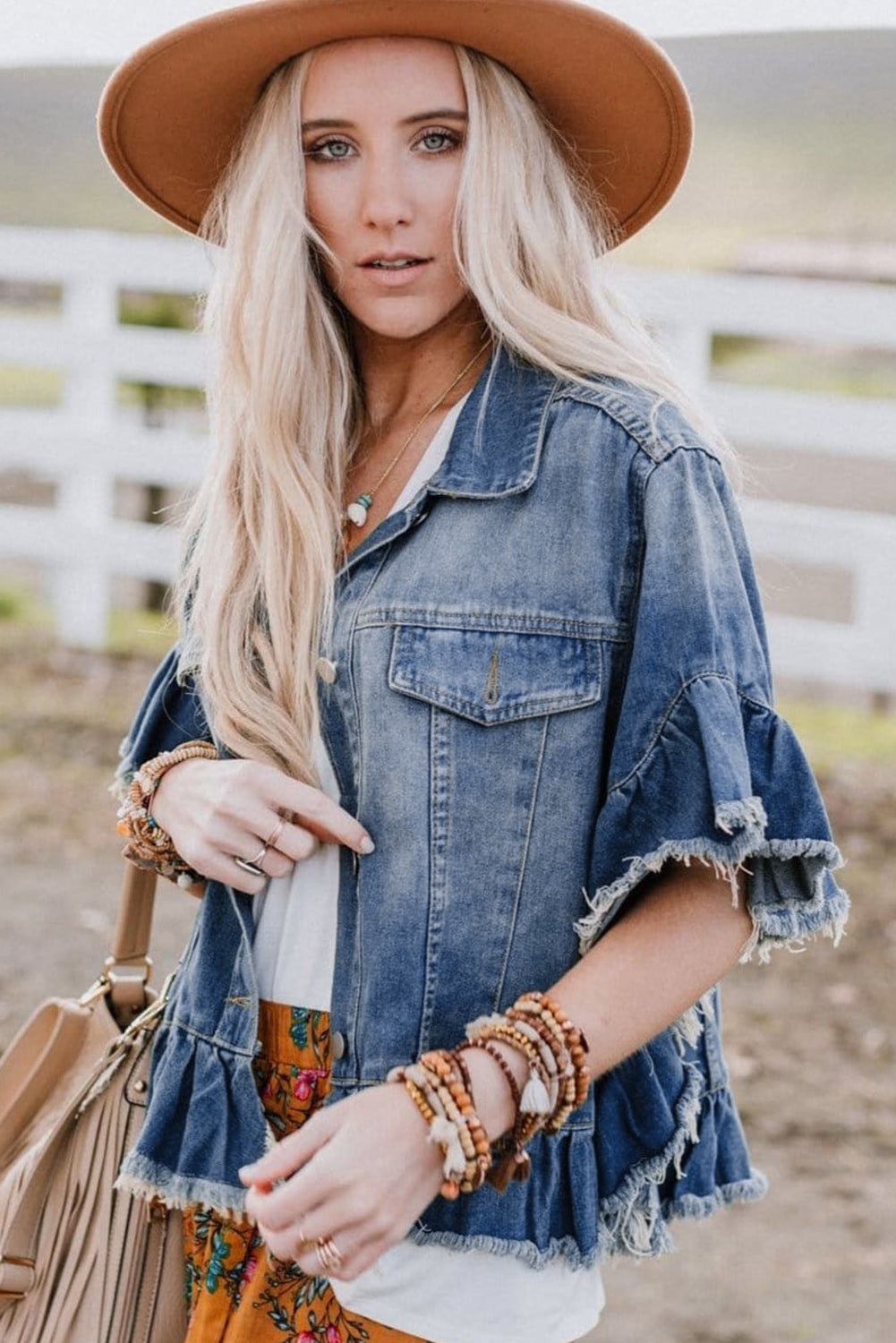 Black Raw Edge Ruffled Short Sleeve Denim Jacket