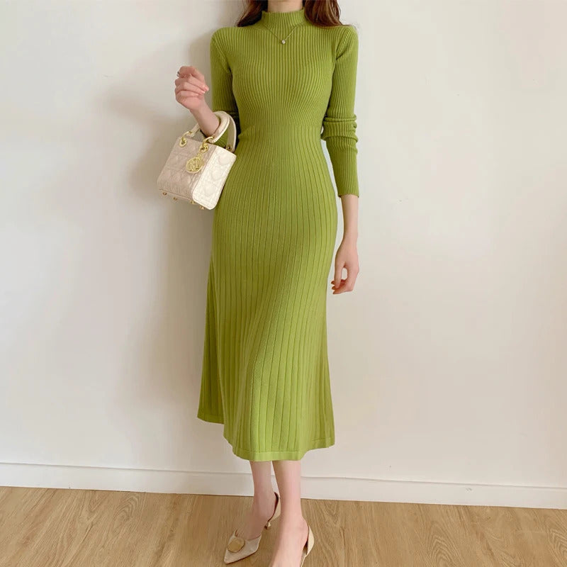 Autumn Winter 2023 Slim Long Sleeve Party Midi Dress for Women Knitted Half High Collar Elegant Knitted Sweater Dresses Ladies