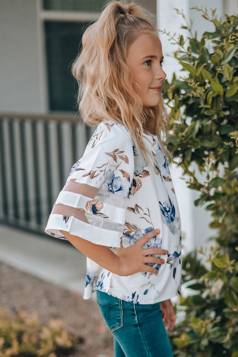 White Girl's 3/4 Bell Sleeve Mesh Panel Blouse