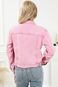 Pink Acid Wash Button Flap Pocket Denim Jacket