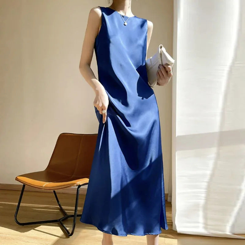 2024 Summer Robe long maxi Sundress Fashion Elegant Women's Acetate satin Dresses Sexy artificial silk Sleeveless Party Dress