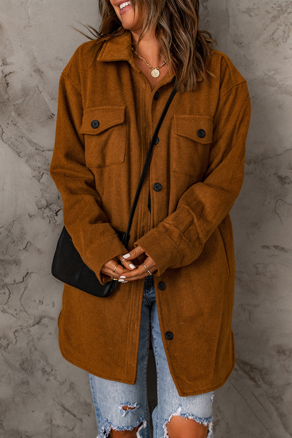 Brown Long Sleeve Pockets Buttoned Shirt Jacket