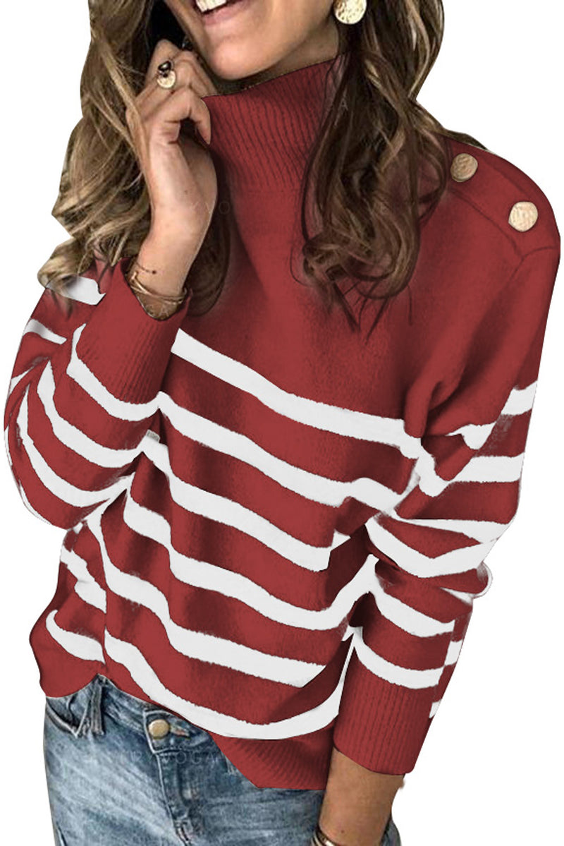 Wine Striped Turtleneck Long Sleeve Sweater with Buttons